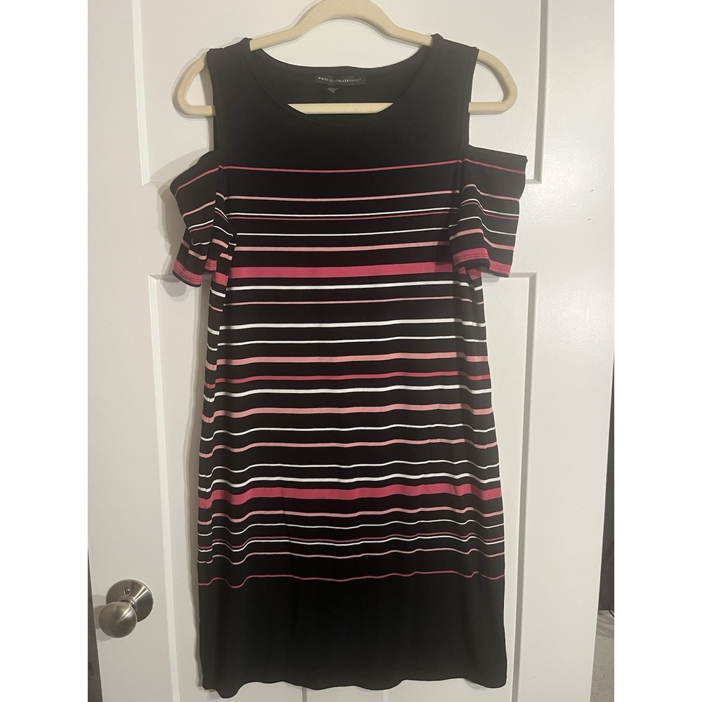White House Black Market Dress Womens M Black Pink Striped Cold Shoulder Sheath